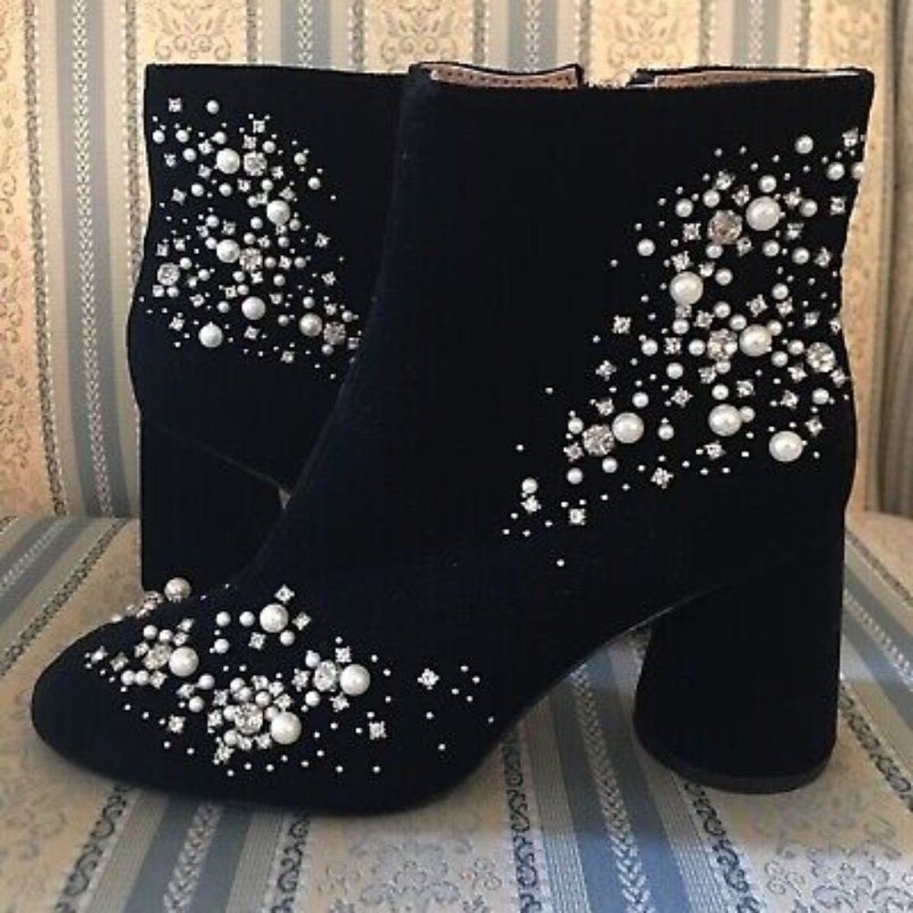 New Zara Trafaluc Womens Black Velvet Velour Rhinestone Pearls Ankle Boots Sz 40